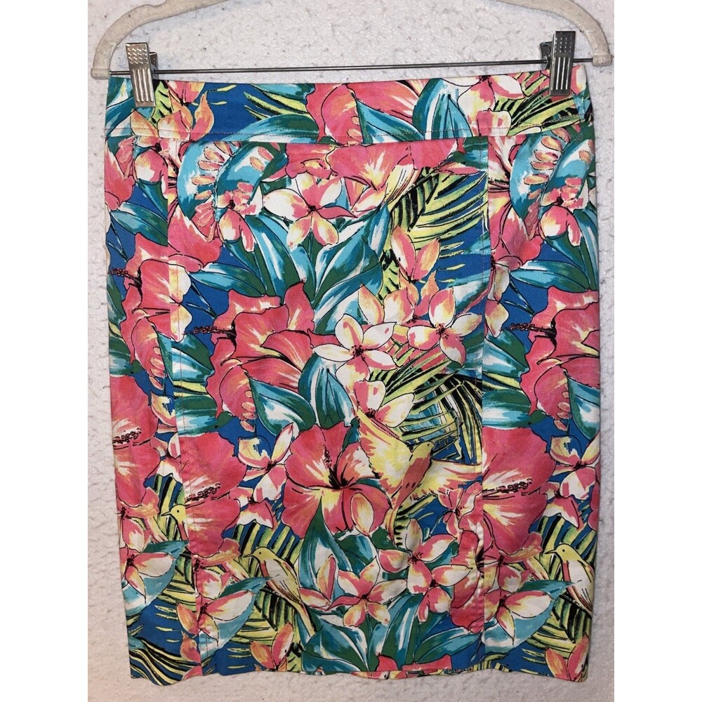 LOFT ANN TAYLOR Womens Tropical Floral Pencil Skirt Blue Pink Hibiscus Bird